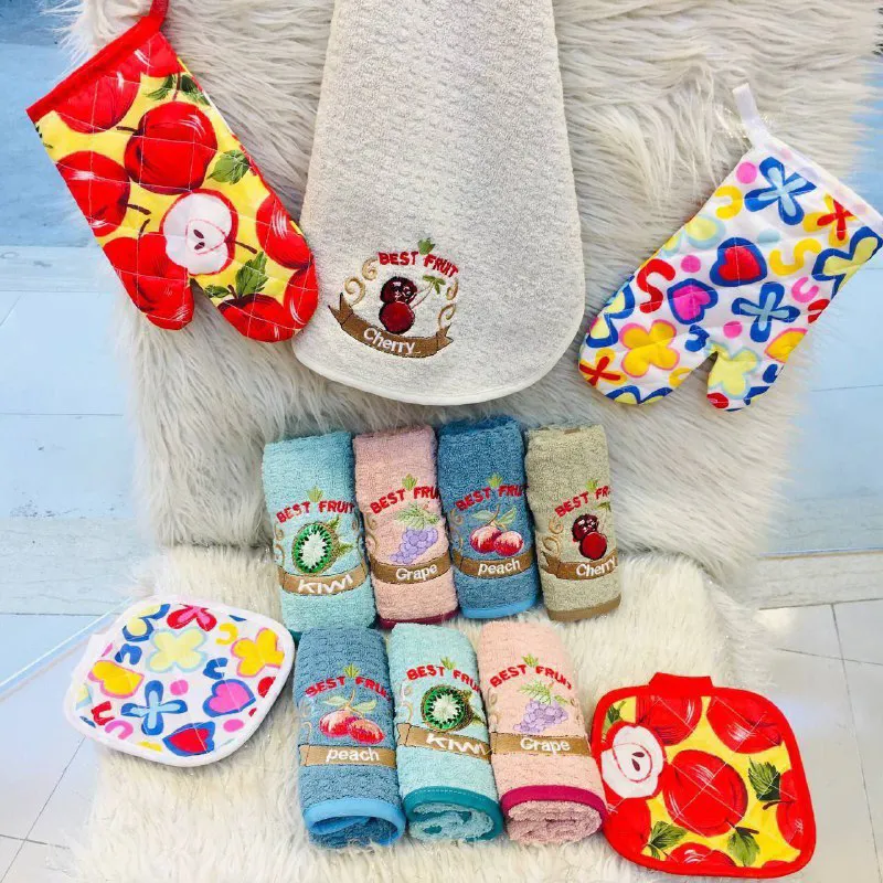 طقم فوط مطبخ 4 قطع مع جوانتى وماسك